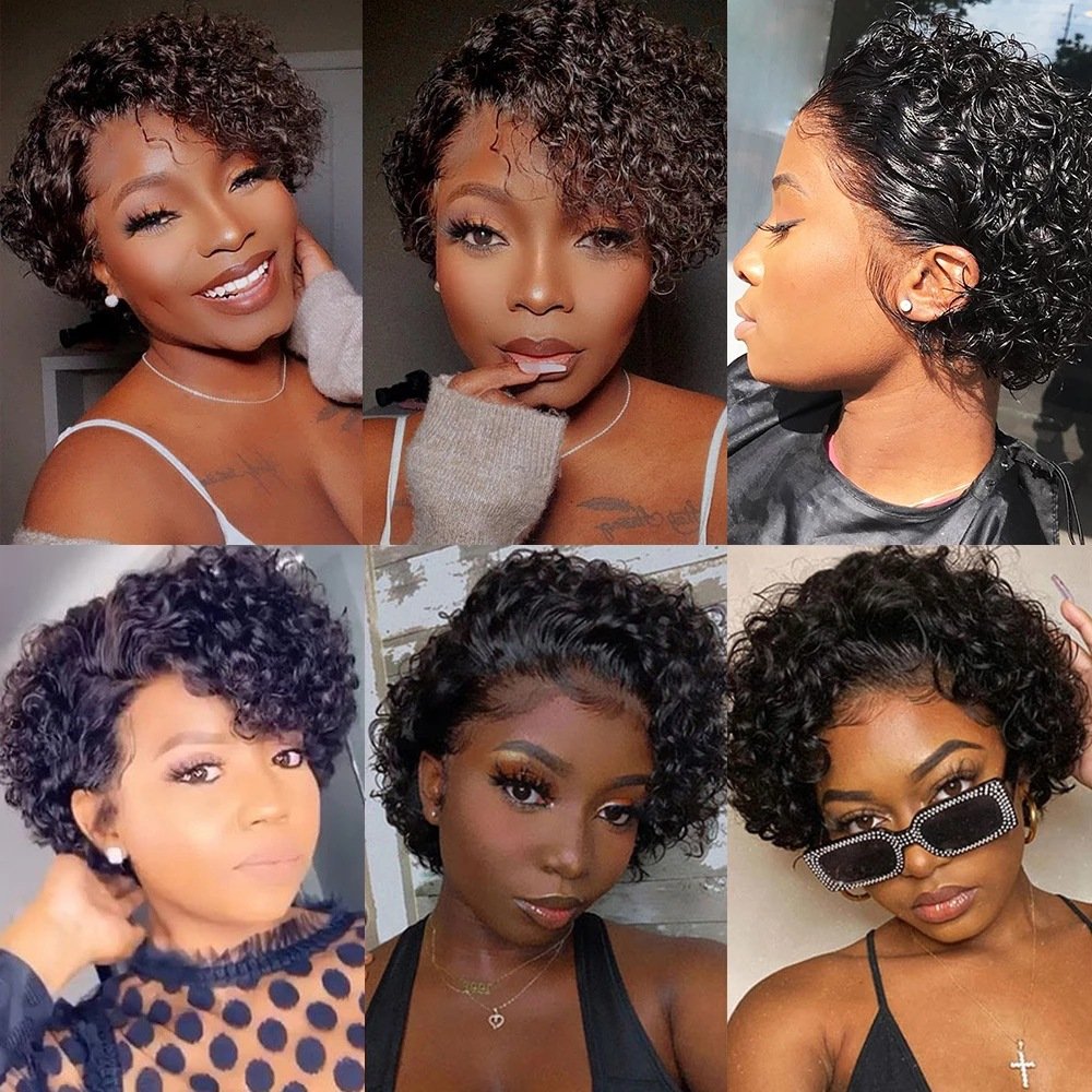 Short Pixie Cut Curly Human Hair Wigs Natural Black Cheap Lace Wig Mink Brazilian Human Hair Vendor