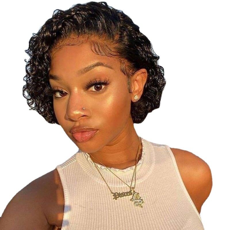 Short Pixie Cut Curly Human Hair Wigs Natural Black Cheap Lace Wig Mink Brazilian Human Hair Vendor