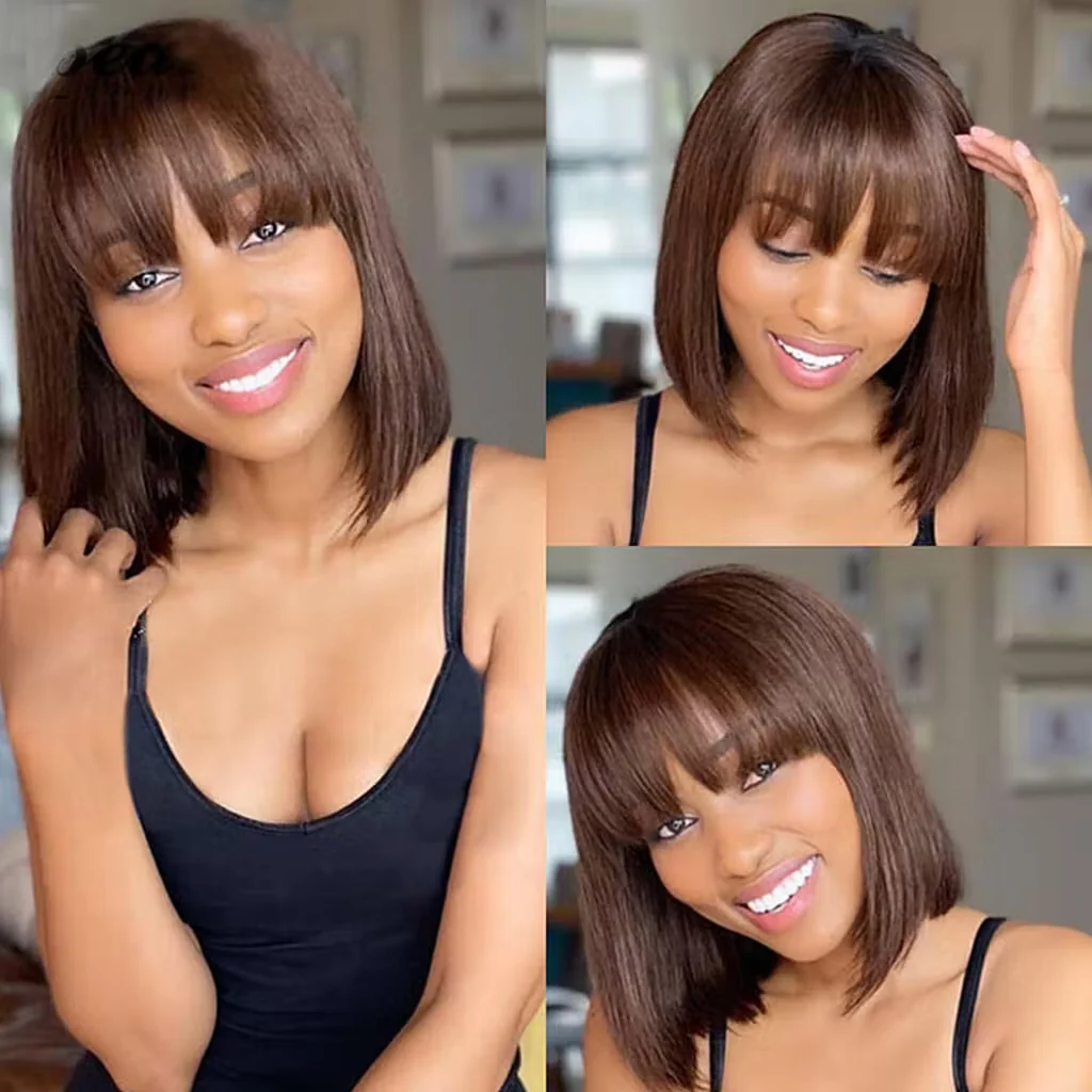 Brown Human Hair Wig Bob With Fringe Bangs Straight Full Machine Made Wig Glueless 4x4 5x5 Transparent HD Lace Closure Wigs