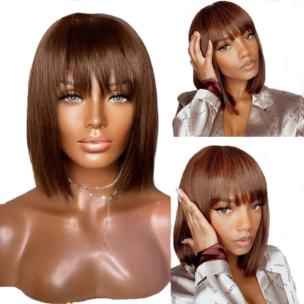 Brown Human Hair Wig Bob With Fringe Bangs Straight Full Machine Made Wig Glueless 4x4 5x5 Transparent HD Lace Closure Wigs