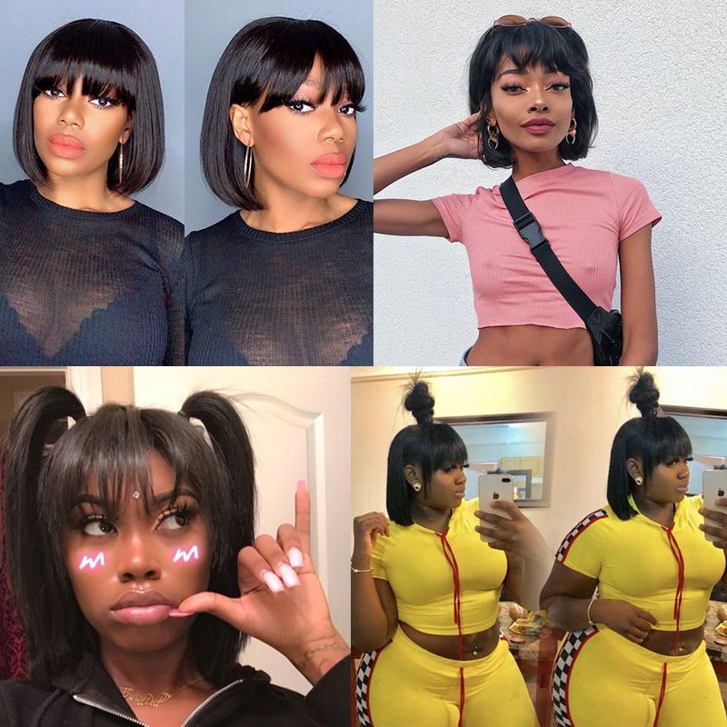 Joedir Top Quality 10 12 14 inches Natural Human Hair Wigs 100% Brazilian Virgin Remy Hair Wig With Bang Short Straight Bob Wigs