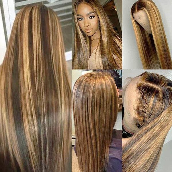 Blonde 40 30 Inch Straight Brown 13X4 Transparent Swiss Lace Highlighted Human Hair Wigs,Highlight Body Wave Hair Full Lace Wig