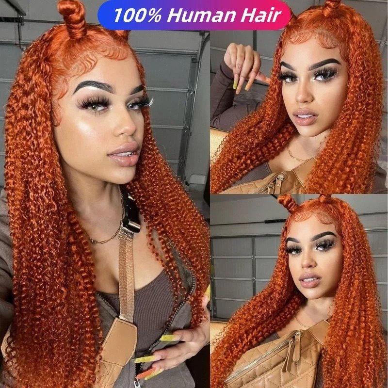 13x4 Full Lace Frontal Wig Ginger Orange Kinky Curly 100% Human Hair Wigs For Women Pre Plucked On Promotion