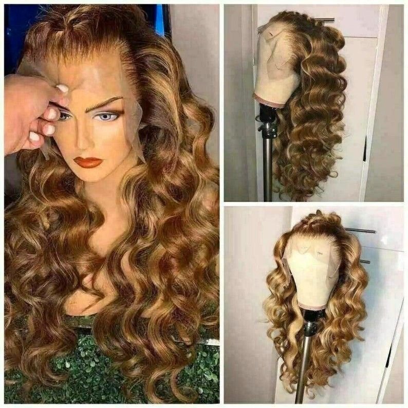 Piano 30 Inch Long Straight Brown 4x4 13X4 Transparent Lace Highlighted Human Hair Wigs 10a Highlight Body Wave Hair Full Wig