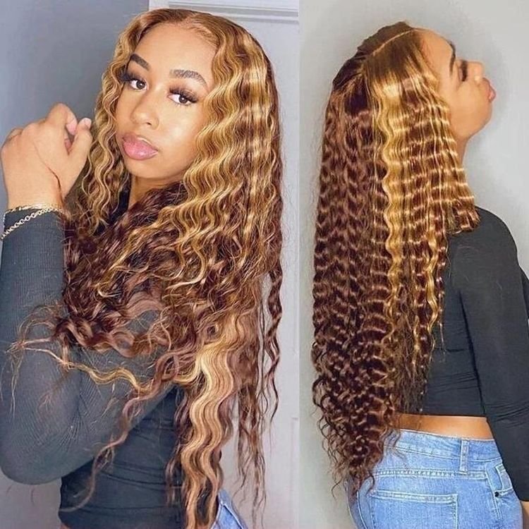 Piano 30 Inch Long Straight Brown 4x4 13X4 Transparent Lace Highlighted Human Hair Wigs 10a Highlight Body Wave Hair Full Wig
