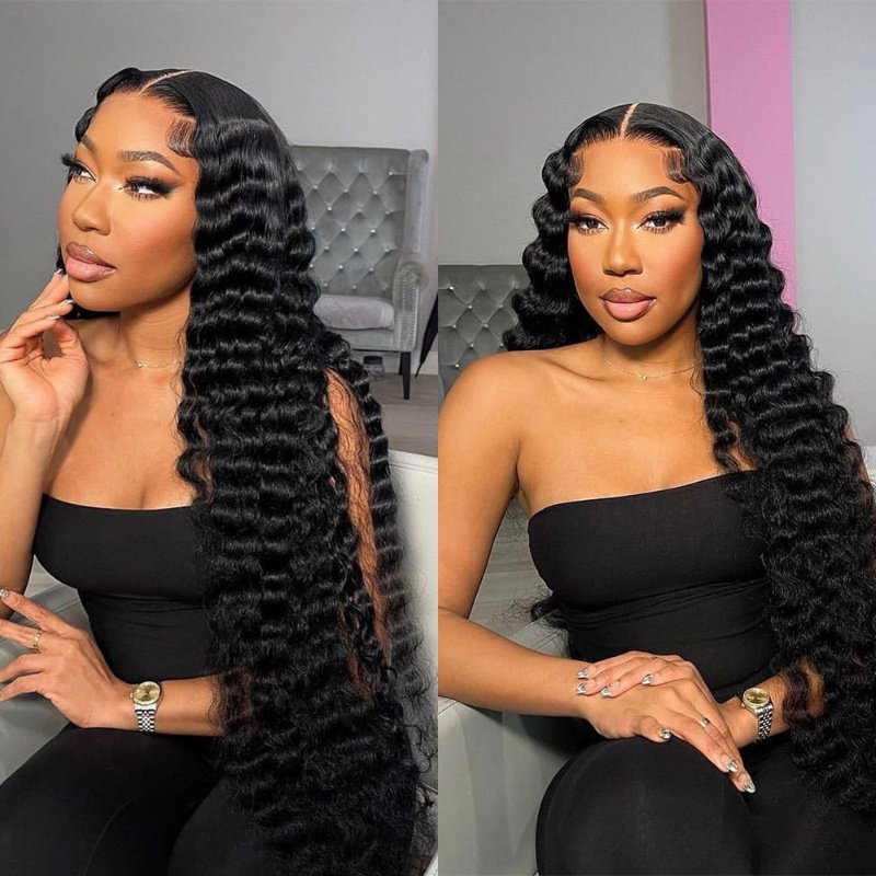 100% Human Hair Wig Black Women's Deep Wave HD Lace Frontal Glueless Full Lace Long Length