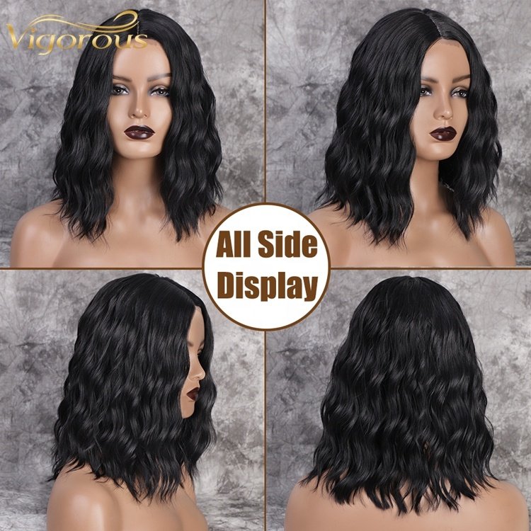 Vigorous Top Quality Short Wavy Bob Wigs For Black Women Natural Looking Middle Part Synthetic Lace Black Wigs