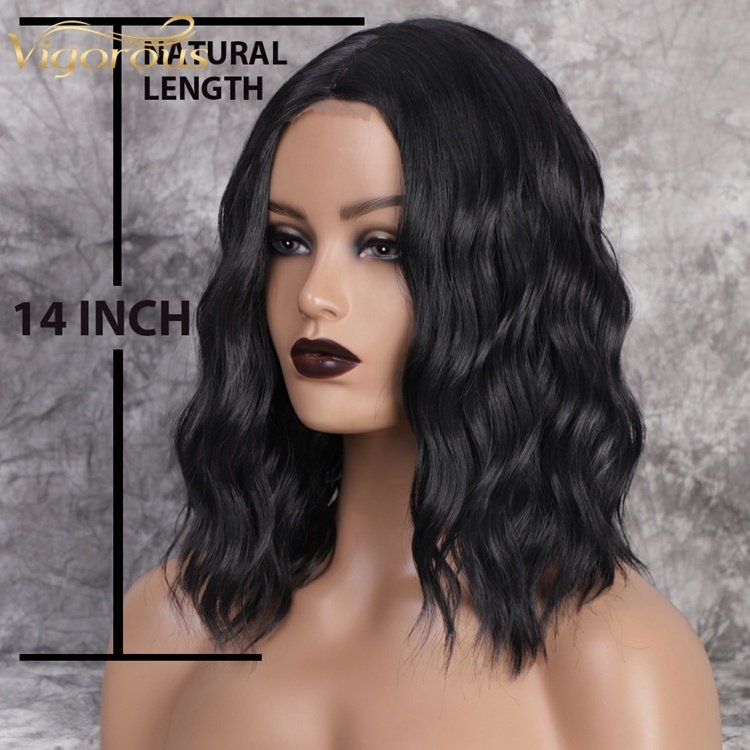 Vigorous Top Quality Short Wavy Bob Wigs For Black Women Natural Looking Middle Part Synthetic Lace Black Wigs