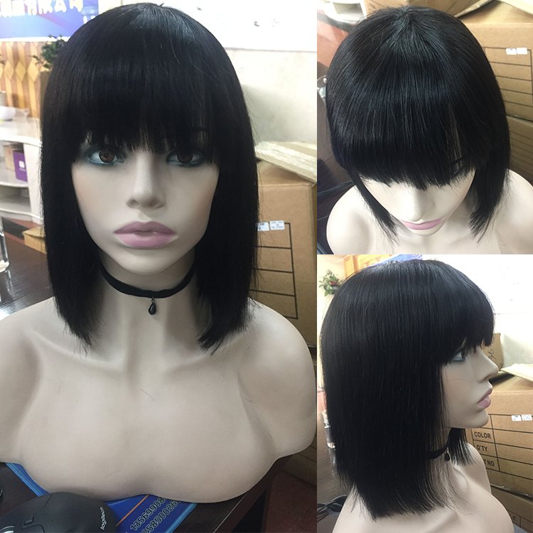 Vendor wholesale short bob Wigs with bangs machine made non lace cuticle aligned virgin brazilian human hair wigs
