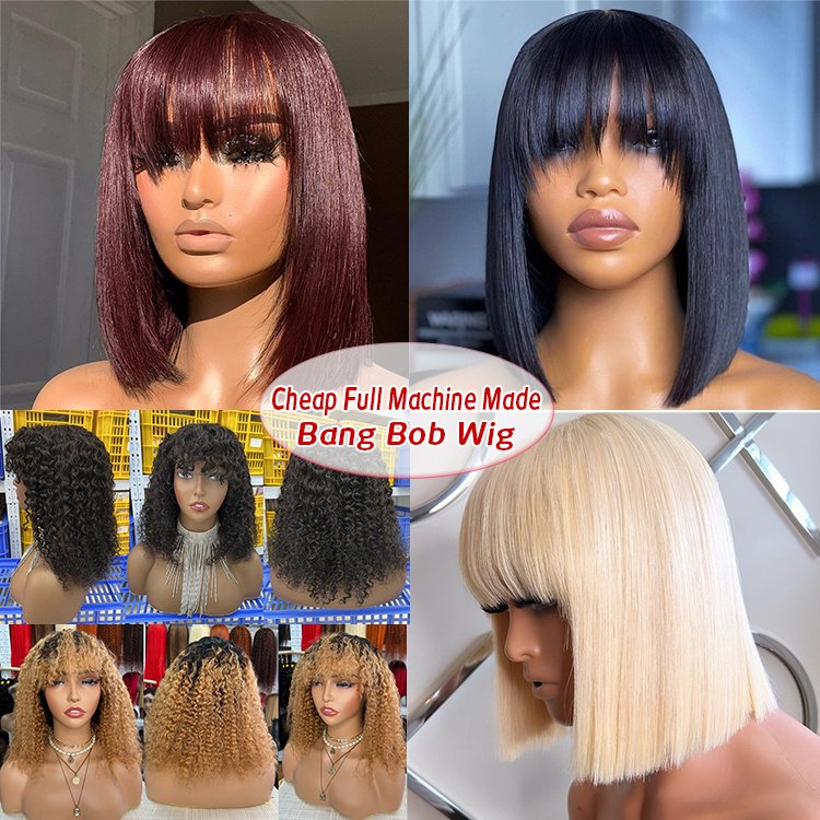 Vendor wholesale short bob Wigs with bangs machine made non lace cuticle aligned virgin brazilian human hair wigs