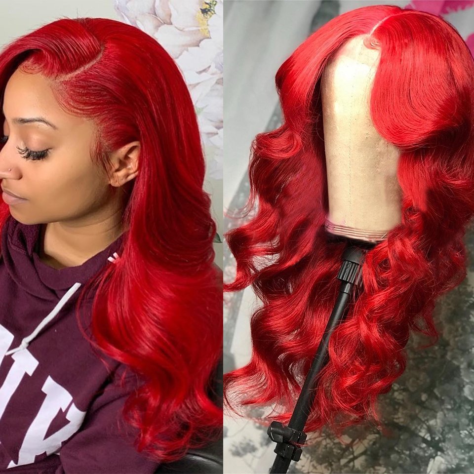 Long Brazilian Hair Color Red Wine Body Wave Hair Lace Front Wigs ,Cosplay Fire Red Curly Human Hair Wig