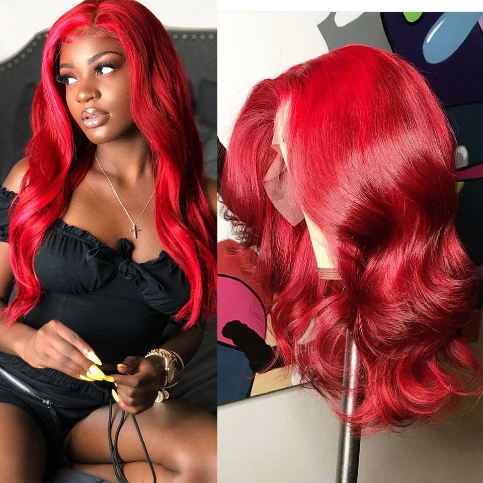 Long Brazilian Hair Color Red Wine Body Wave Hair Lace Front Wigs ,Cosplay Fire Red Curly Human Hair Wig