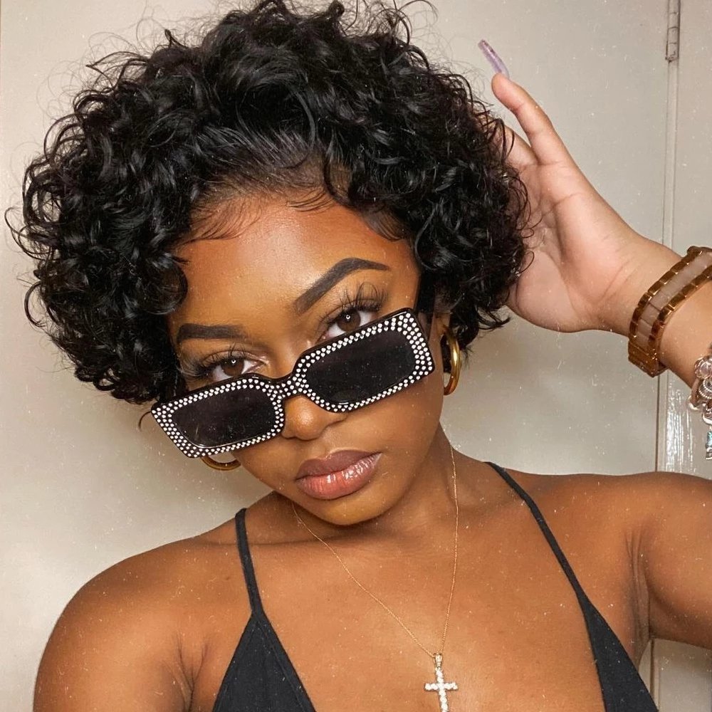 Pixie short cut human hair 13*4 curly lace front human hair wigs for black women water wave hair wig on sale