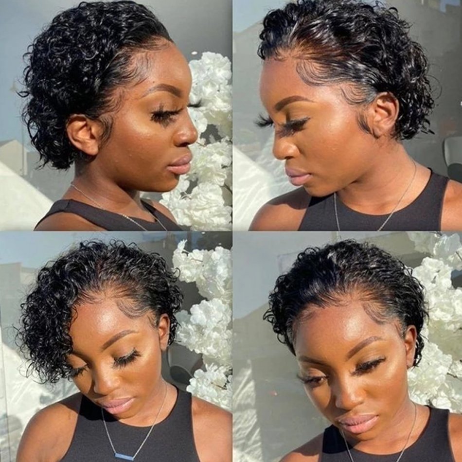 Pixie short cut human hair 13*4 curly lace front human hair wigs for black women water wave hair wig on sale
