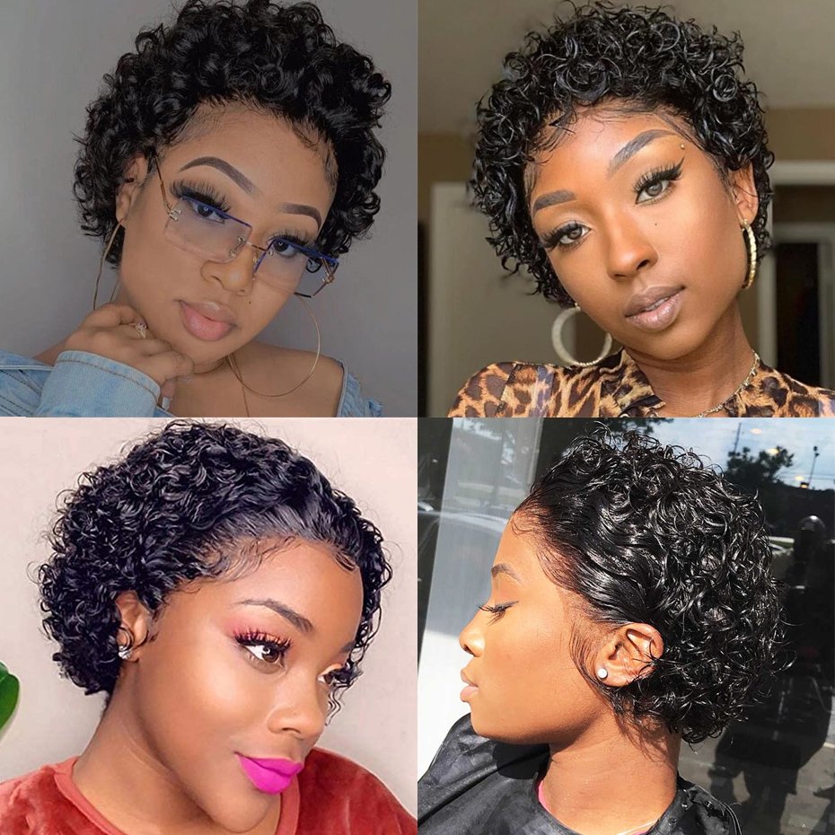 Pixie short cut human hair 13*4 curly lace front human hair wigs for black women water wave hair wig on sale