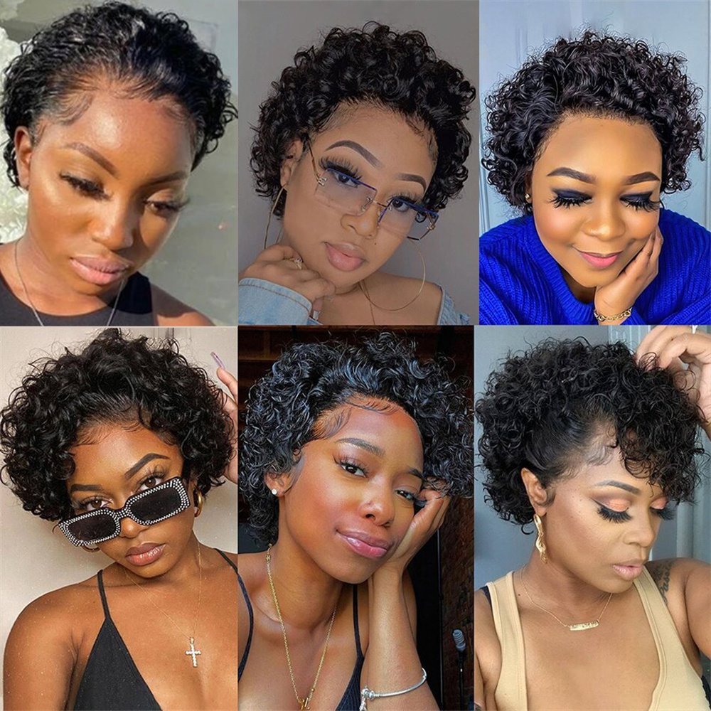 Pixie short cut human hair 13*4 curly lace front human hair wigs for black women water wave hair wig on sale