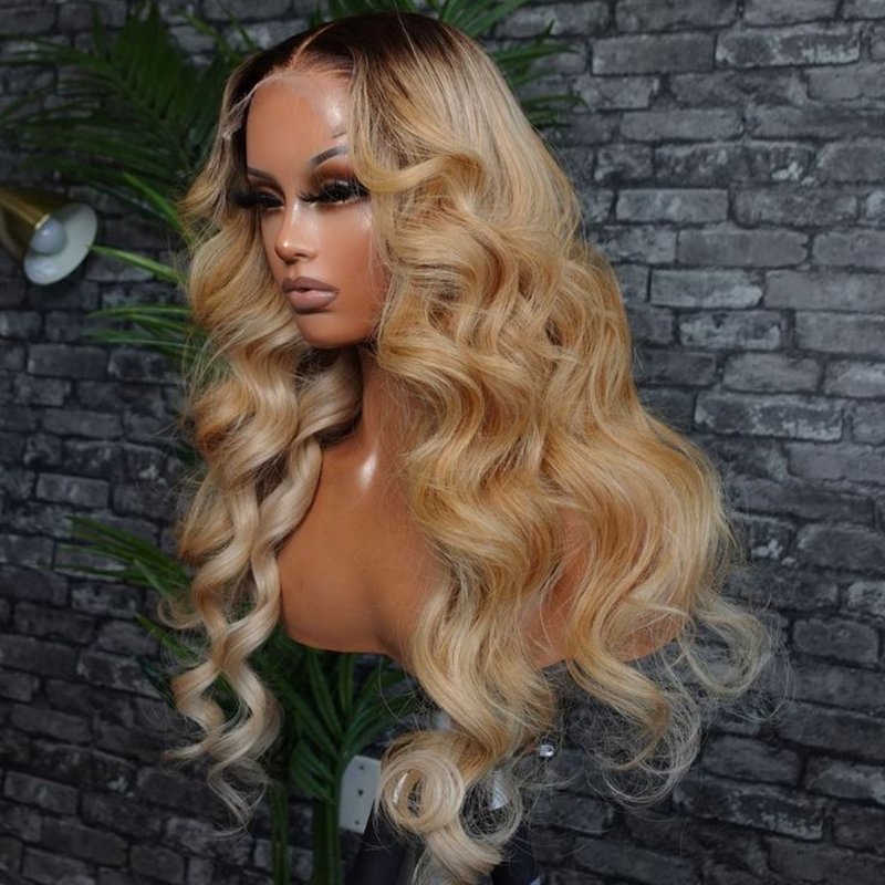 Ombre Body Wave Lace Front Wig 1B/27 Highlight Colored Loose HD Lace Frontal Human Hair Wigs for Women