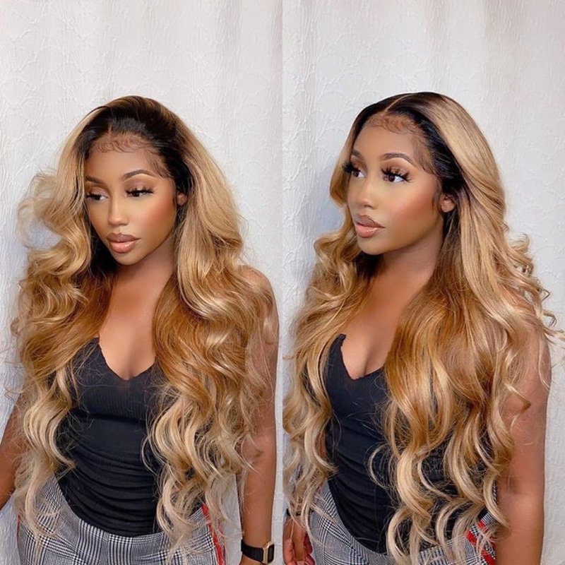 Ombre Body Wave Lace Front Wig 1B/27 Highlight Colored Loose HD Lace Frontal Human Hair Wigs for Women