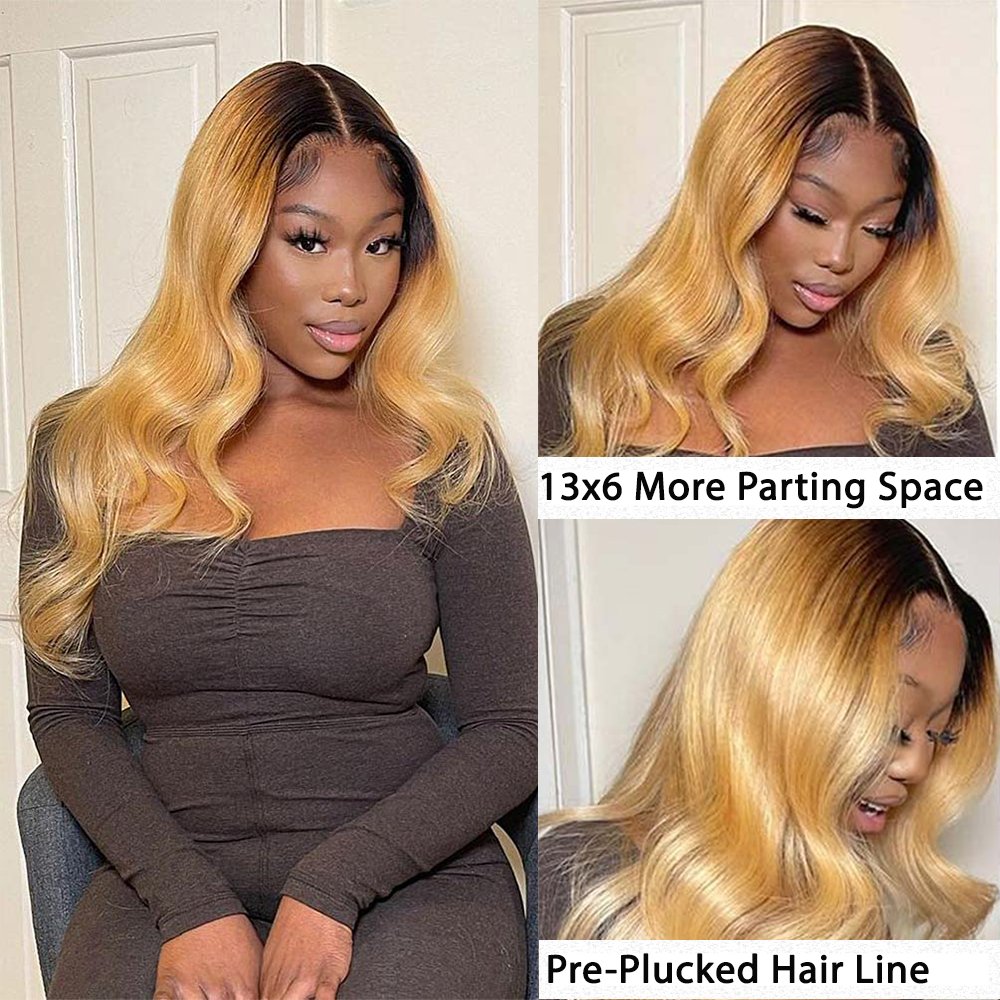 Ombre Body Wave Lace Front Wig 1B/27 Highlight Colored Loose HD Lace Frontal Human Hair Wigs for Women