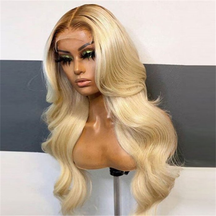 wholesale 13x4 HD Lace Human Hair Wigs #4/613 Blonde Wig With Brown Roots Body Wave