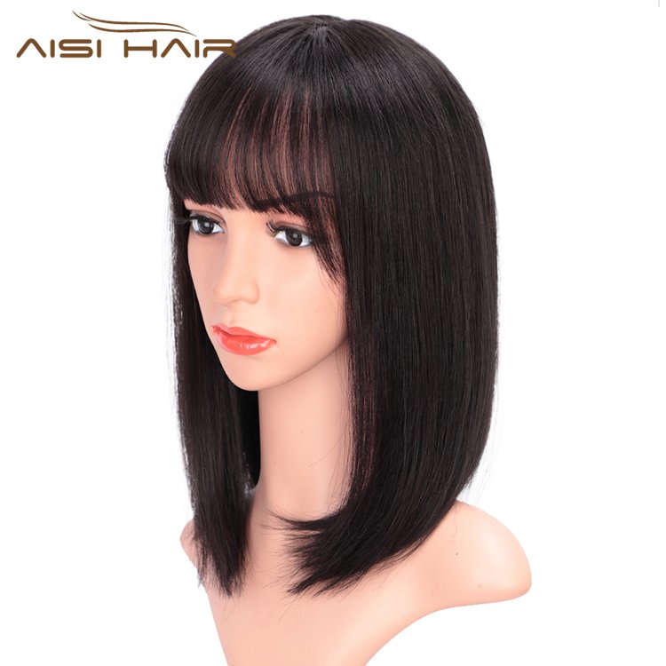 Aisi Hair 14 Inch Black Short Bob Human Hair Wig 100% Brazilian Silky Straight Human Hair Silk Base Wigs For White Black Women