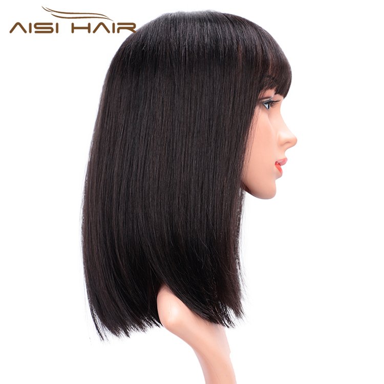 Aisi Hair 14 Inch Black Short Bob Human Hair Wig 100% Brazilian Silky Straight Human Hair Silk Base Wigs For White Black Women