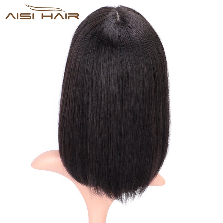 Aisi Hair 14 Inch Black Short Bob Human Hair Wig 100% Brazilian Silky Straight Human Hair Silk Base Wigs For White Black Women