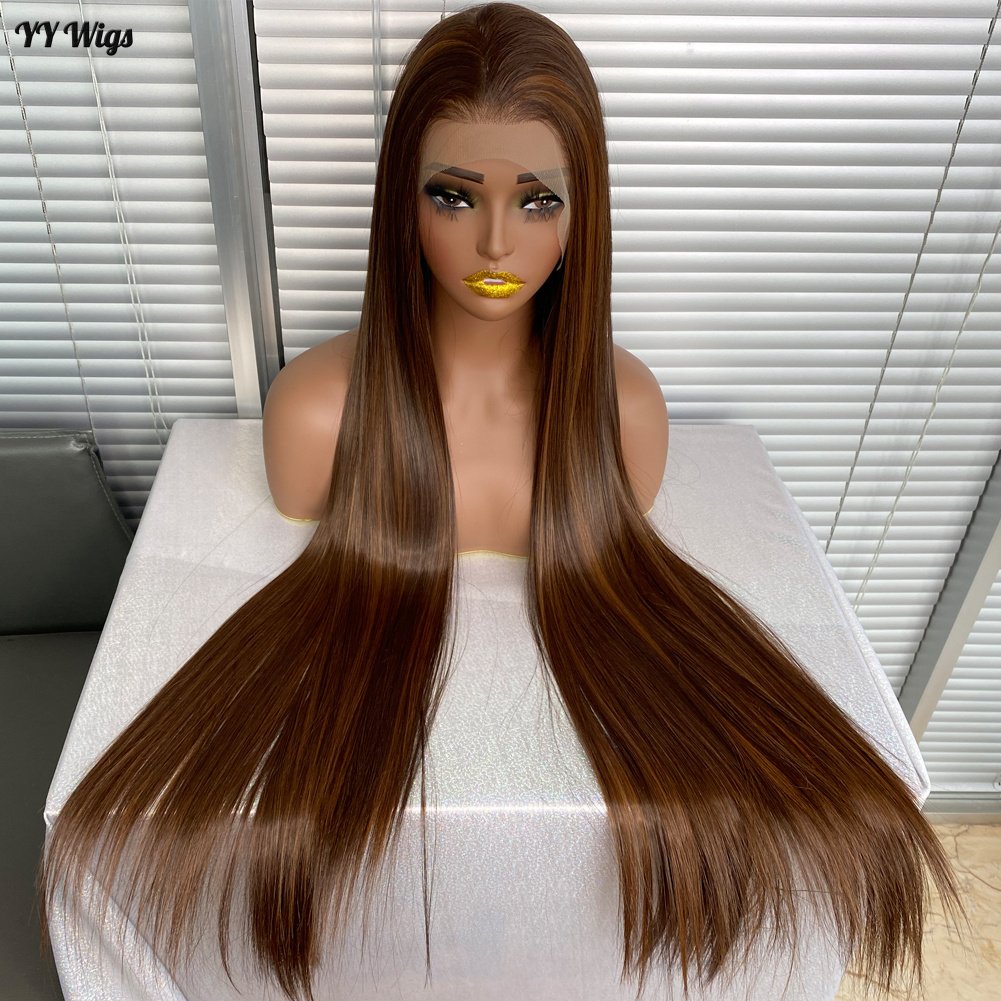 30-Inch Long Silky Straight 13X4 Glueless Lace Front Wigs Futura Hair Synthetic Heat Resistant Wig Half Hand Tied Highlights