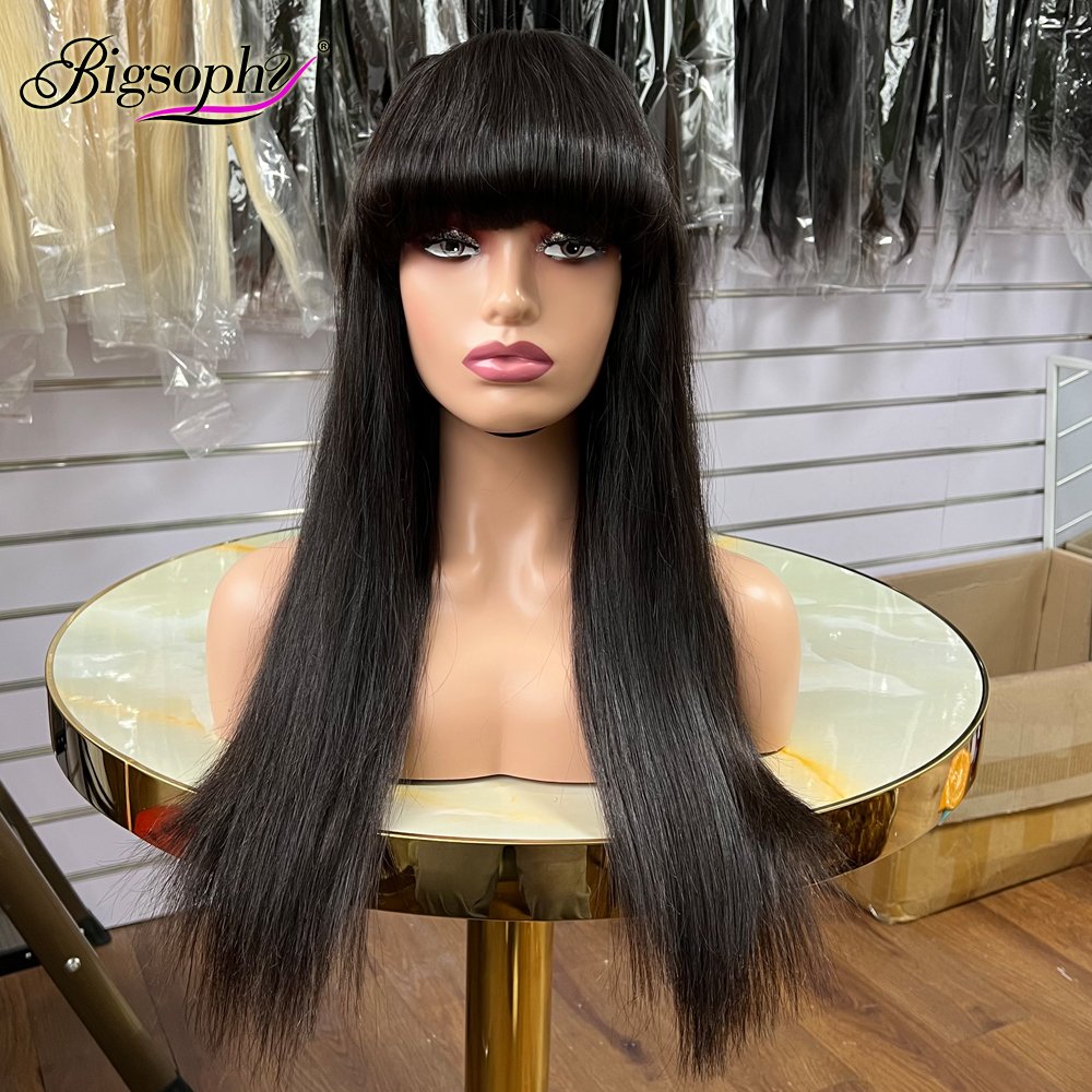 High Density 10-40 Inch No Lace Double Drawn Bone Straight Human Hair Wigs With Bangs For Black Women