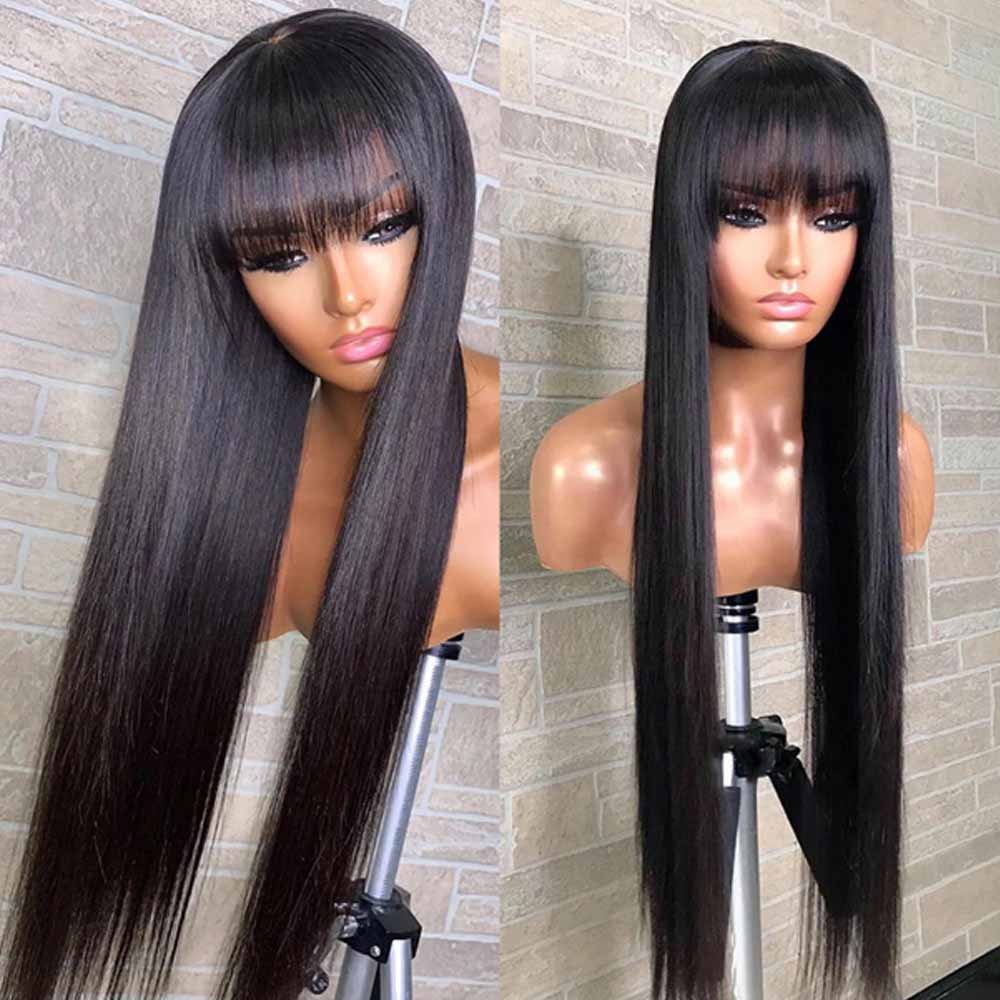 High Density 10-40 Inch No Lace Double Drawn Bone Straight Human Hair Wigs With Bangs For Black Women