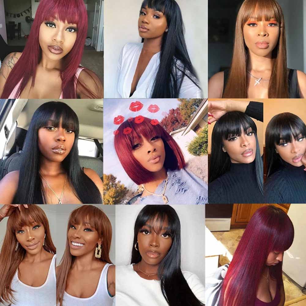 High Density 10-40 Inch No Lace Double Drawn Bone Straight Human Hair Wigs With Bangs For Black Women