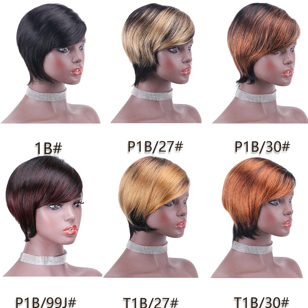 Pixie Cut Human Hair Wigs Natural Short Piano Brown None Lace Wig with Bangs Hair Layered Different Style Short Wigs for Women