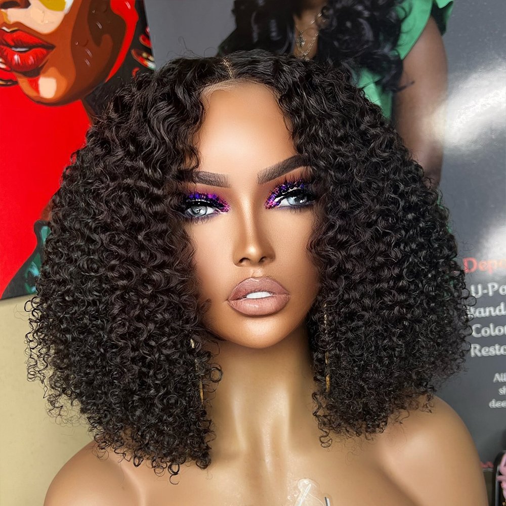 Natural Black Kinky Curly Bob Wigs for Women Transparent 4X4 Lace Closure Human Hair Wigs Glueless Kinky Curly Wigs 250% 10-14"