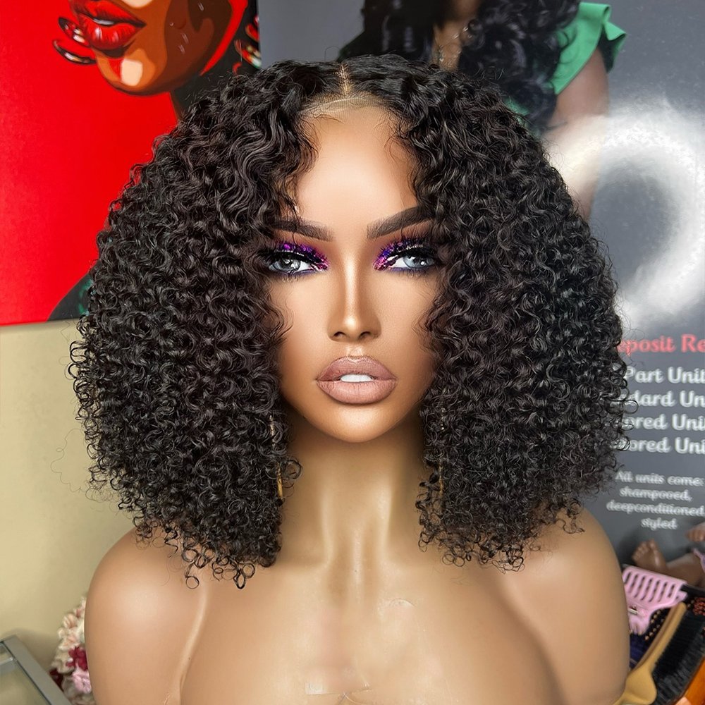 Natural Black Kinky Curly Bob Wigs for Women Transparent 4X4 Lace Closure Human Hair Wigs Glueless Kinky Curly Wigs 250% 10-14"