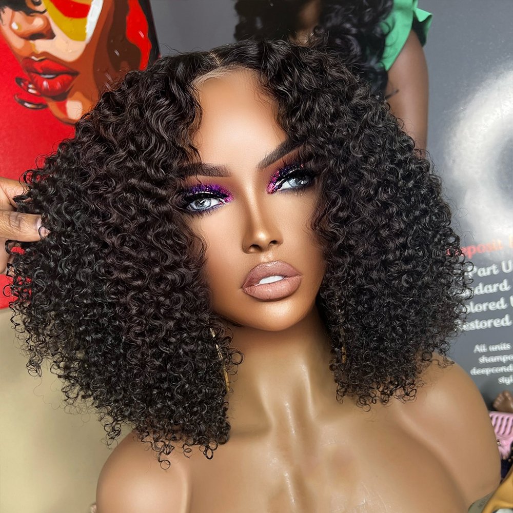 Natural Black Kinky Curly Bob Wigs for Women Transparent 4X4 Lace Closure Human Hair Wigs Glueless Kinky Curly Wigs 250% 10-14"