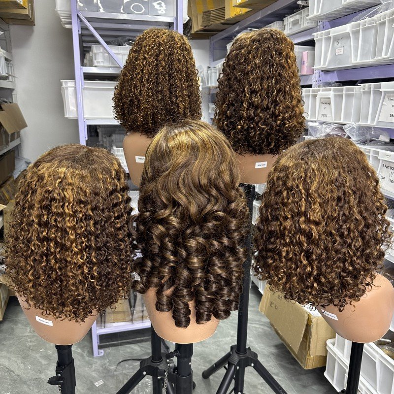 GL Hot Selling Factory Cheap Short Curly Human Hair Wigs 4x4 13x4 Lace Front Color Bob Wig With Preplucked Hairline For Womens