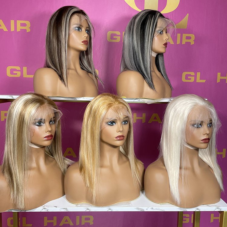 GL Hot Selling Factory Cheap Short Curly Human Hair Wigs 4x4 13x4 Lace Front Color Bob Wig With Preplucked Hairline For Womens