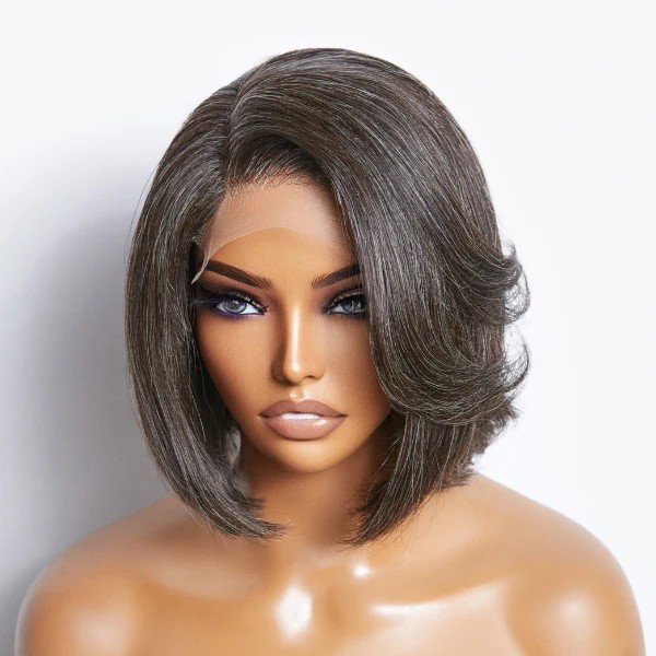 New Style Salt and Pepper Grey Human Hair Wig Darke Gray Color Natural Wave Bob Straight Transparent Lace Closure Wigs Glueless