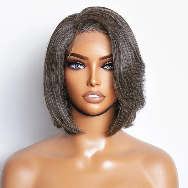 New Style Salt and Pepper Grey Human Hair Wig Darke Gray Color Natural Wave Bob Straight Transparent Lace Closure Wigs Glueless