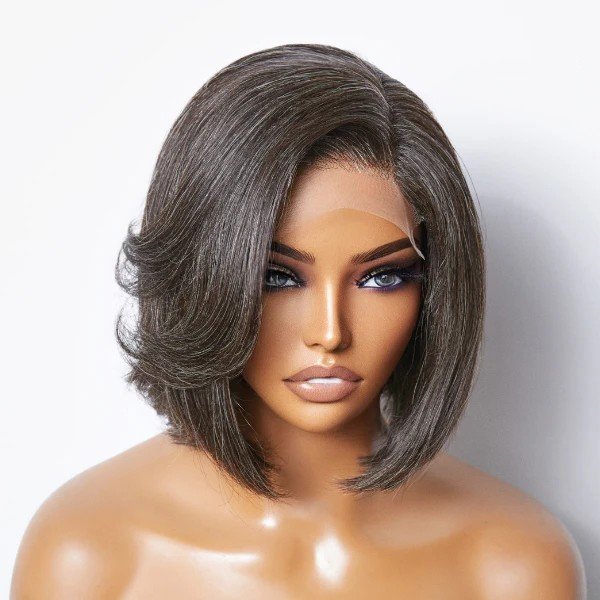 New Style Salt and Pepper Grey Human Hair Wig Darke Gray Color Natural Wave Bob Straight Transparent Lace Closure Wigs Glueless