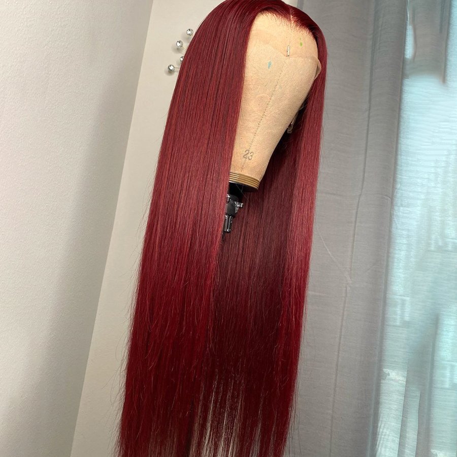 Transparent Lace Frontal Human Hair Wigs Brazilian Virgin Hair Middle Part Burgundy Straight Human Hair Wigs Pre-Plucked 10-30"
