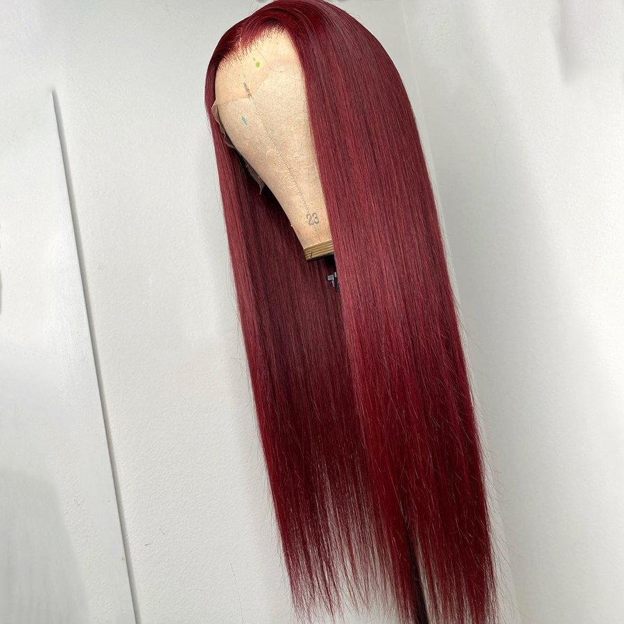 Transparent Lace Frontal Human Hair Wigs Brazilian Virgin Hair Middle Part Burgundy Straight Human Hair Wigs Pre-Plucked 10-30"