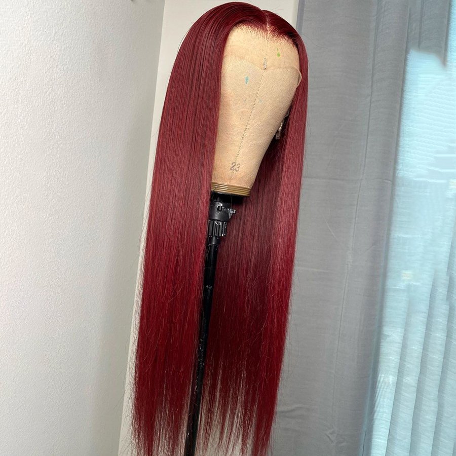 Transparent Lace Frontal Human Hair Wigs Brazilian Virgin Hair Middle Part Burgundy Straight Human Hair Wigs Pre-Plucked 10-30"