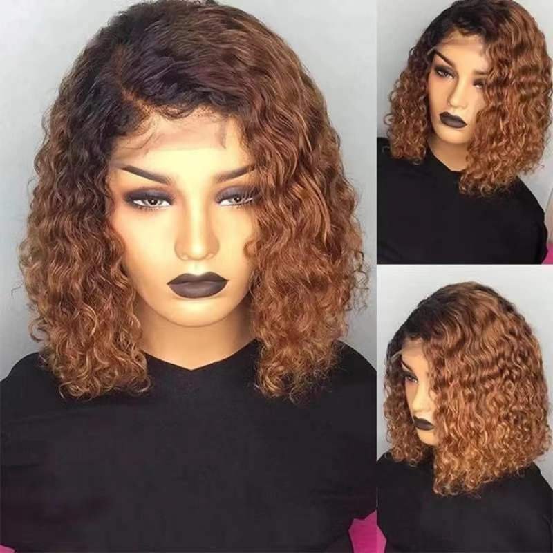 14 inches Brazilian Curly Bob Wig Deep Wave Lace Front Human Hair Wigs Remy Highlight Ombre Afro Wave Hair Extensions