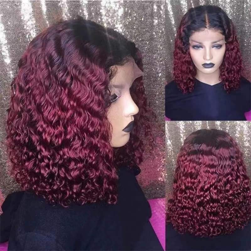 14 inches Brazilian Curly Bob Wig Deep Wave Lace Front Human Hair Wigs Remy Highlight Ombre Afro Wave Hair Extensions