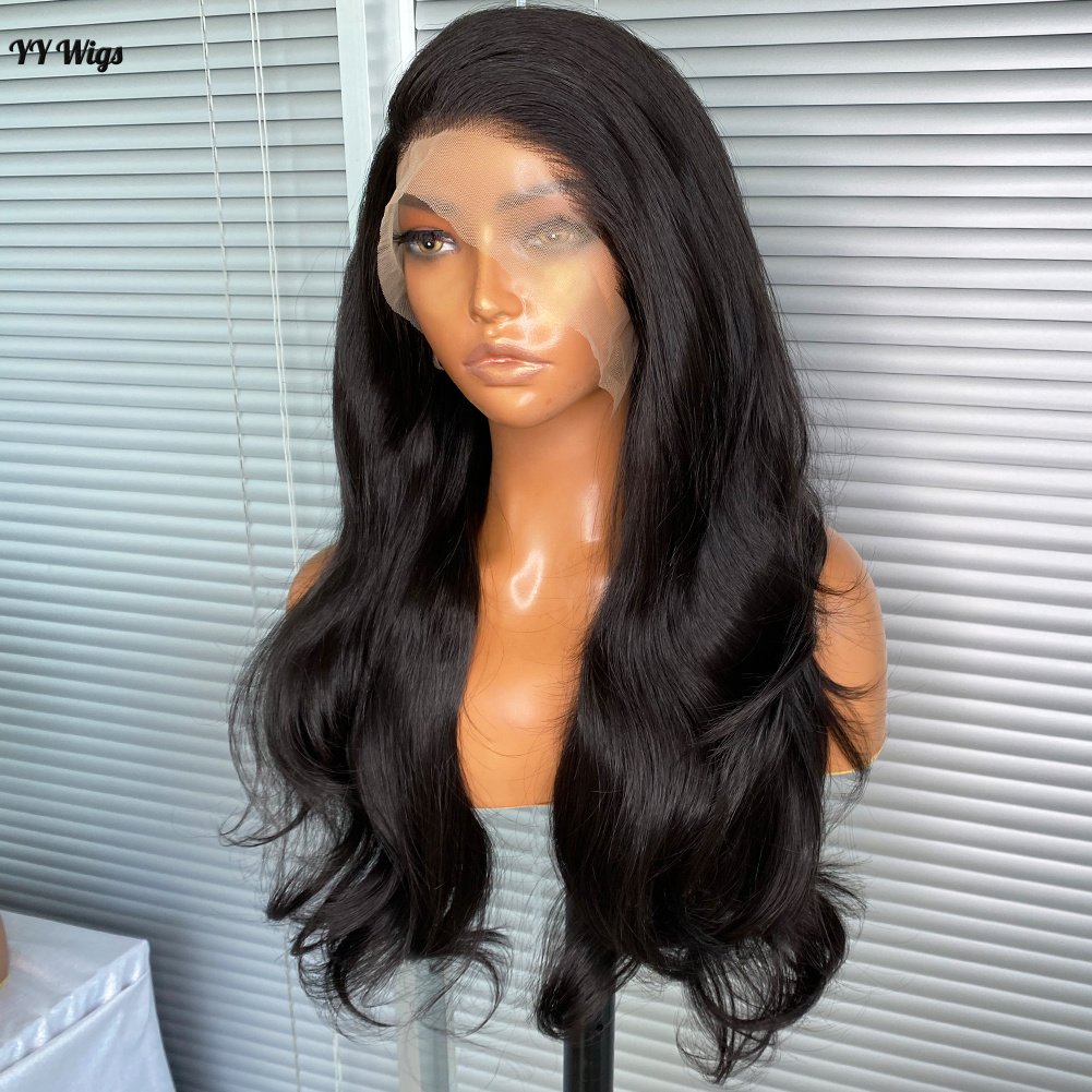 YYWigs Long Natural Black Heat Resistant Fiber Synthetic Futura 13X6 Glueless Lace Front Wigs for Black Women 6inch Deep Part