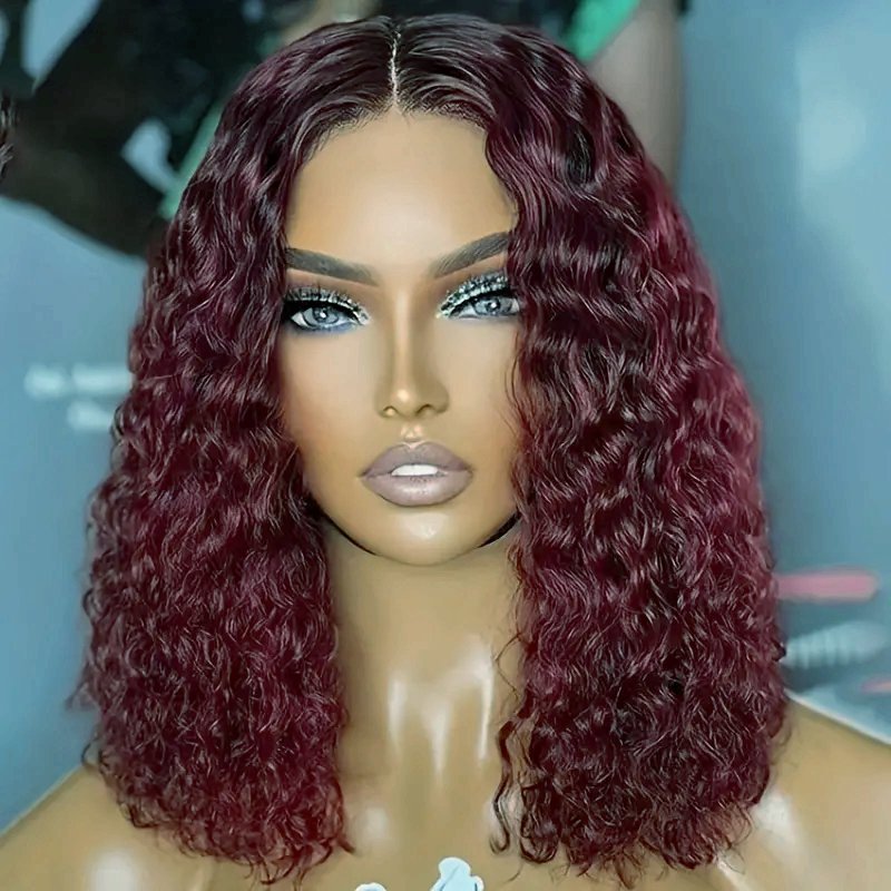 Red color 99j curly wig curly brazilian human hair wig water wave bob 13*4 lace front wig