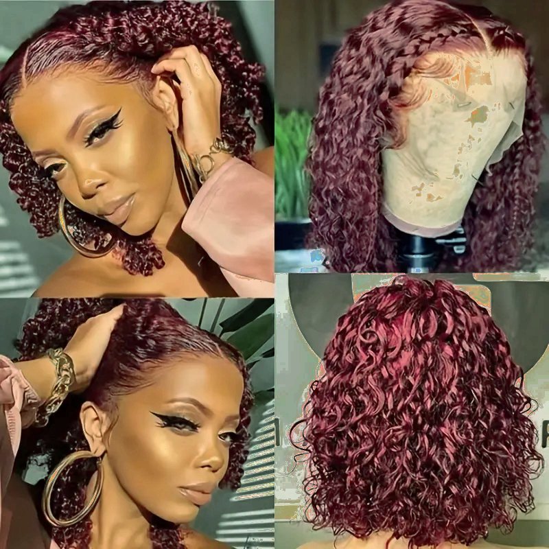 Red color 99j curly wig curly brazilian human hair wig water wave bob 13*4 lace front wig