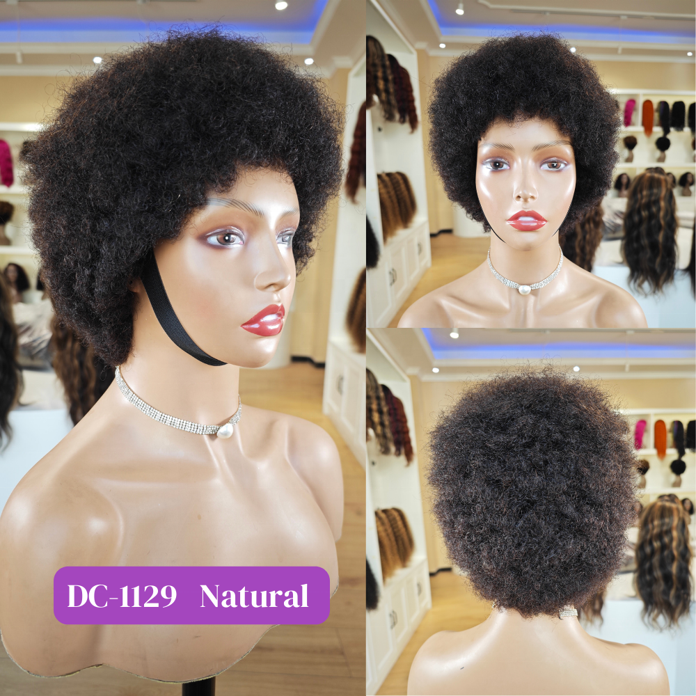 Wholesale Afro Kinky Curly Brazilian Human Hair Wig With Bangs,Machine Made Short Pixie Puff Fluffy Hair Wigs For Black Women