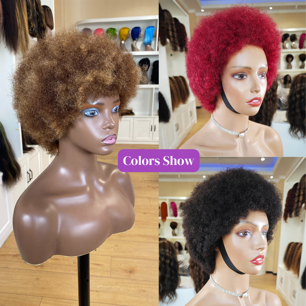 Wholesale Afro Kinky Curly Brazilian Human Hair Wig With Bangs,Machine Made Short Pixie Puff Fluffy Hair Wigs For Black Women